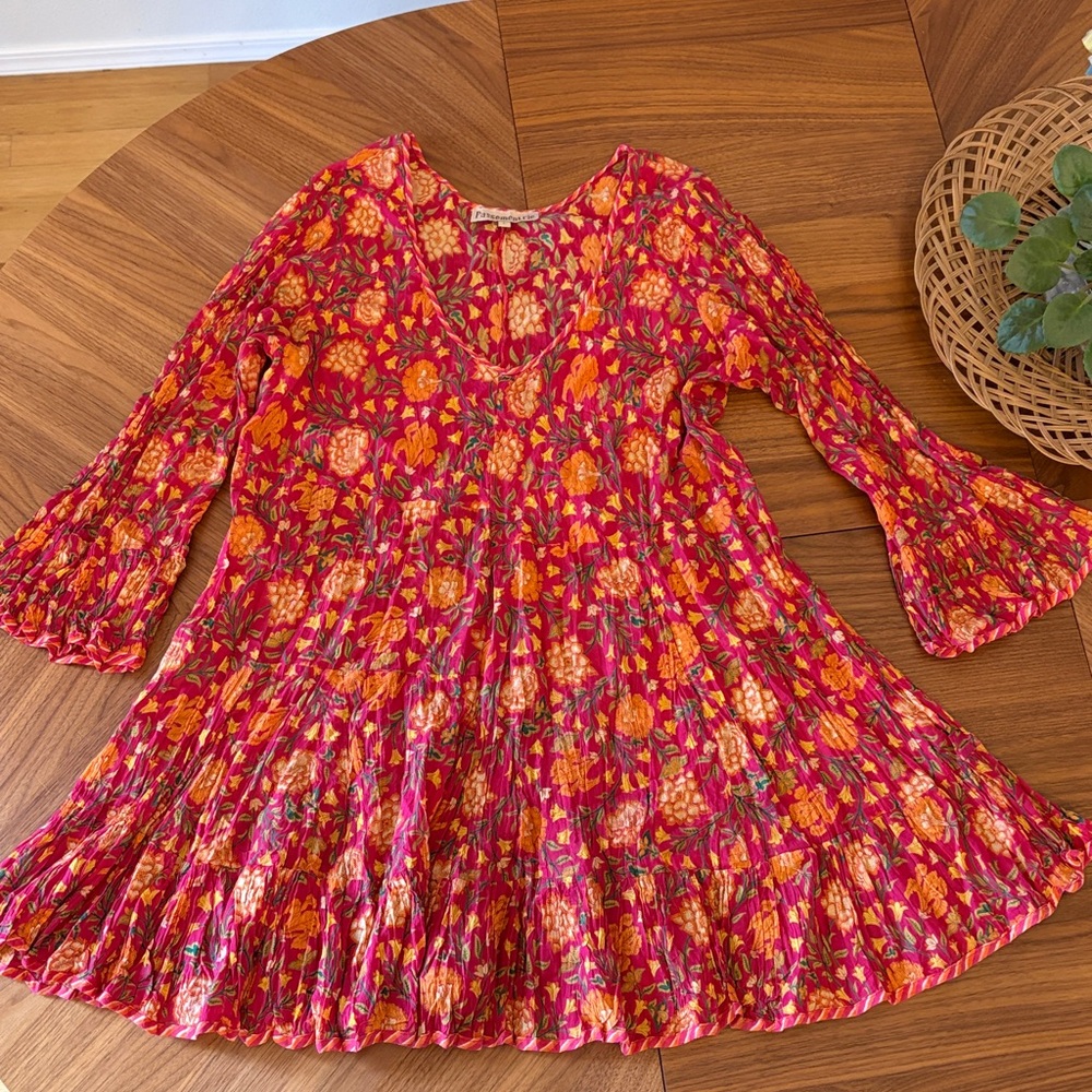 Passementrie Floral Red Women's Mini Dress Bell Sleeves Ruffle Hem L